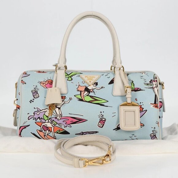 PRADA Hand Bag Canvas 2way Light Blue Gold Auth - Picture 2 of 15